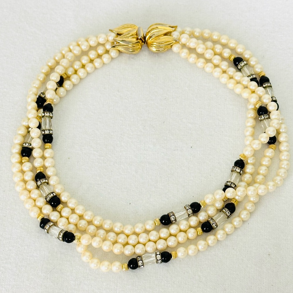 Vintage 4-Strand Faux Pearl Choker with Black, Goldtone and Rhinestone Accents